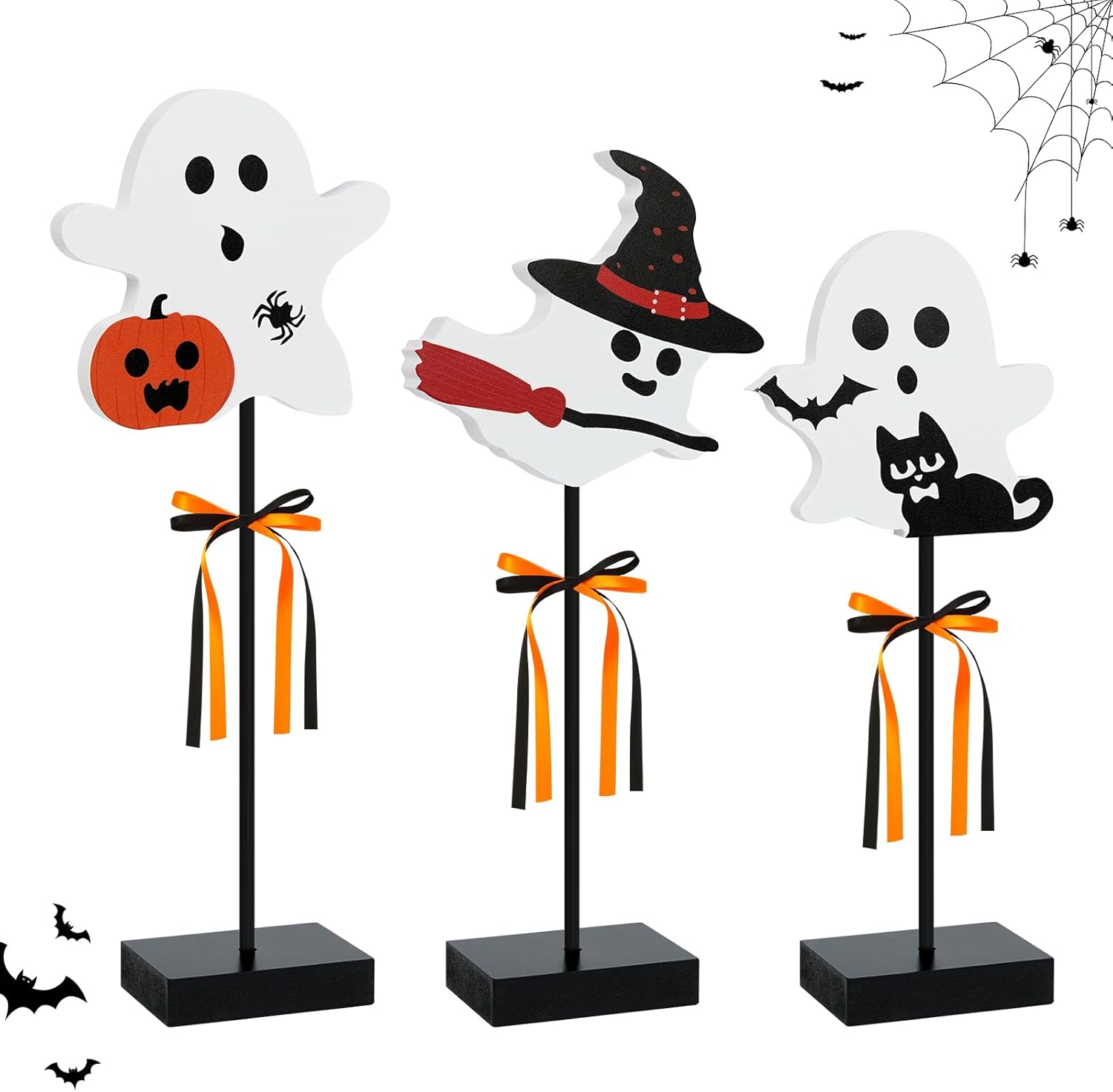 3 Pcs Halloween Wooden Table Decor Wooden Ghost Sign Set Tiered Tray Tall Standing Centerpieces for Home Party Indoor Decor